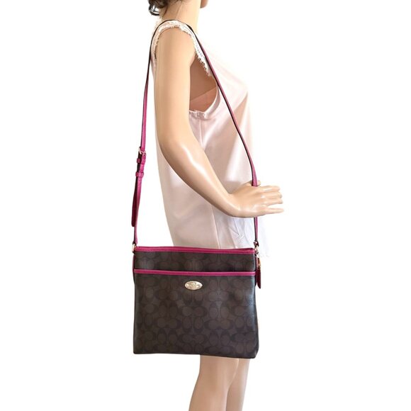 Coach Signature Crossbody File Bag Brown Black Cranberry Pink Leather Trim Gold